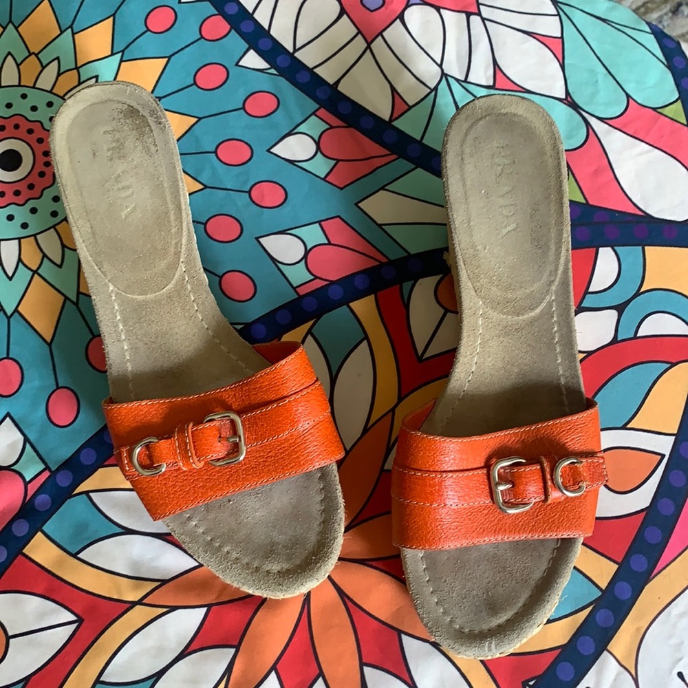Authentic Prada Orange leather wedge slides size 38 Made in Italy.